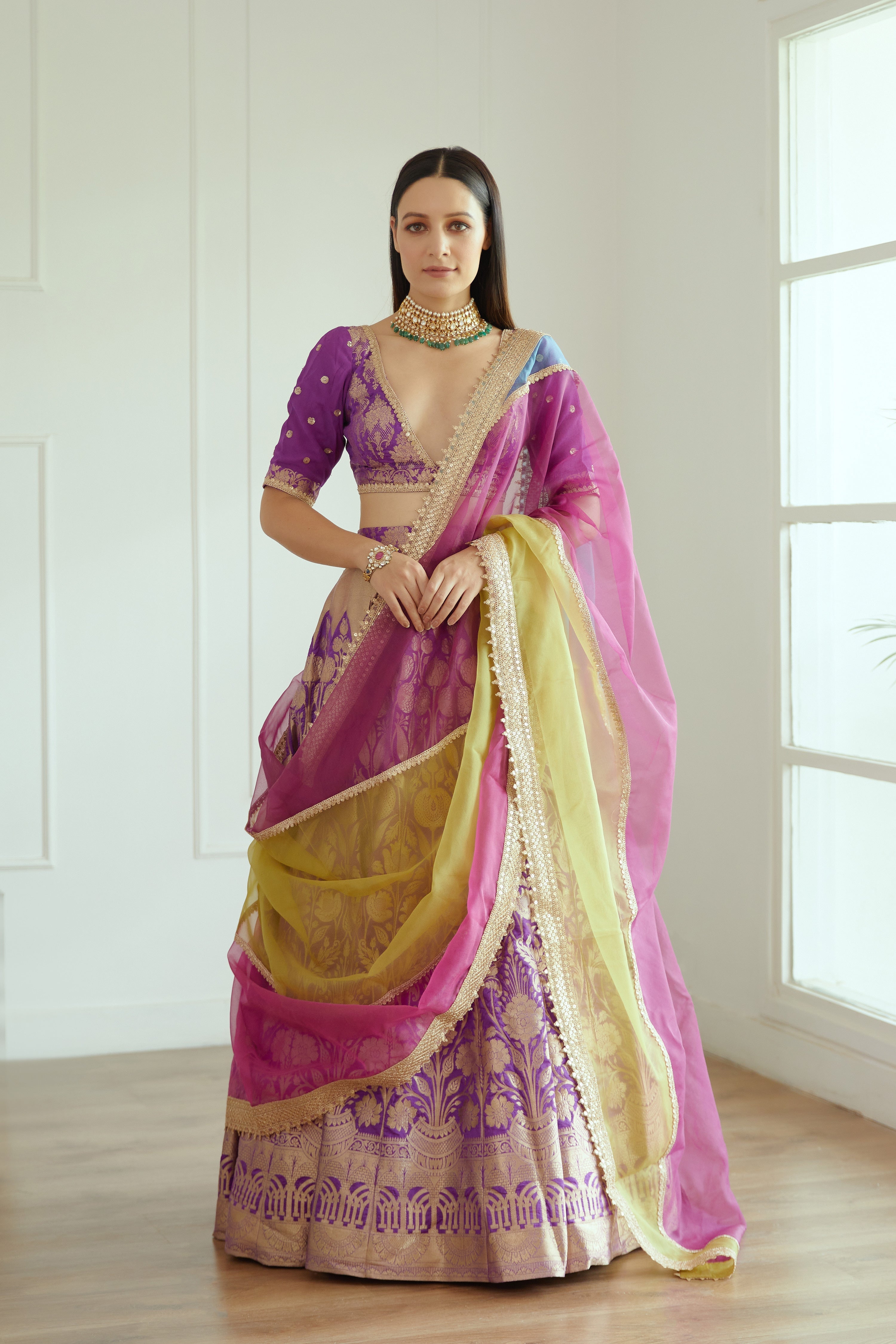 pink and purple embroidered lehenga set | Deval The Multi Designer Store